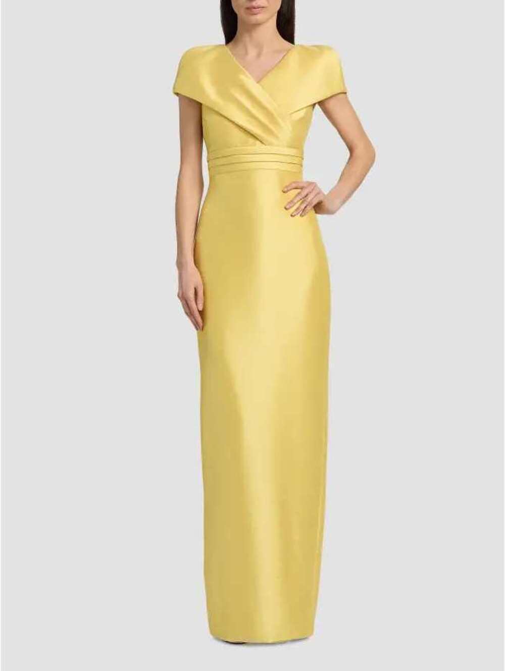 Badgley Mischka Stretch Mikado Column Gown $795 Marigold Yellow Cape Sleeve